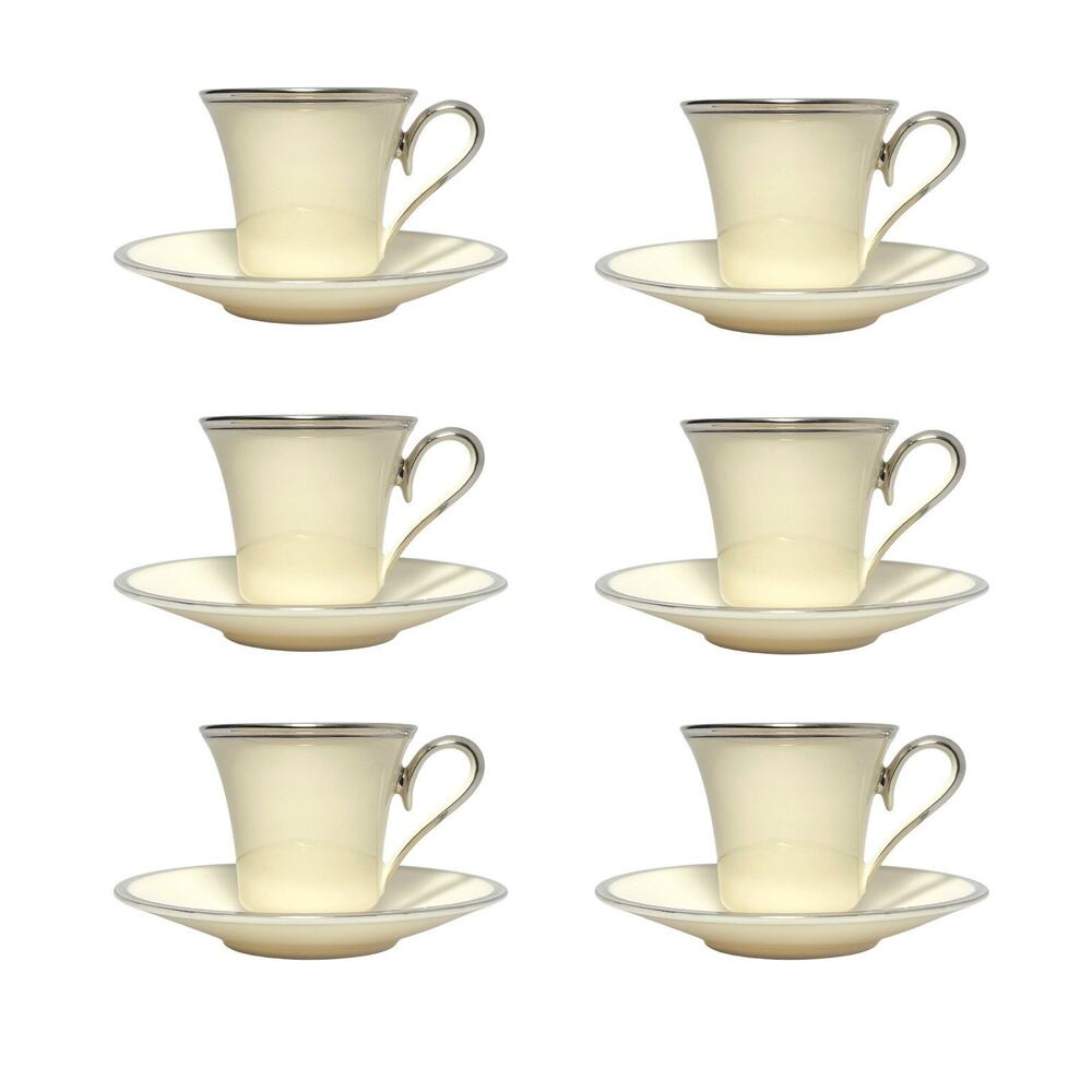 Lenox “Solitaire” 6 Porcelain Demitasse Espresso Cups 2 1/2” 3oz & Saucers 5”